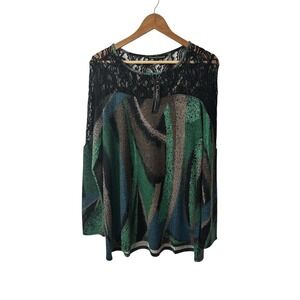 Christine Gerard Black Lace Tunic Top Womens Medium Green Blue Abstract Stretch